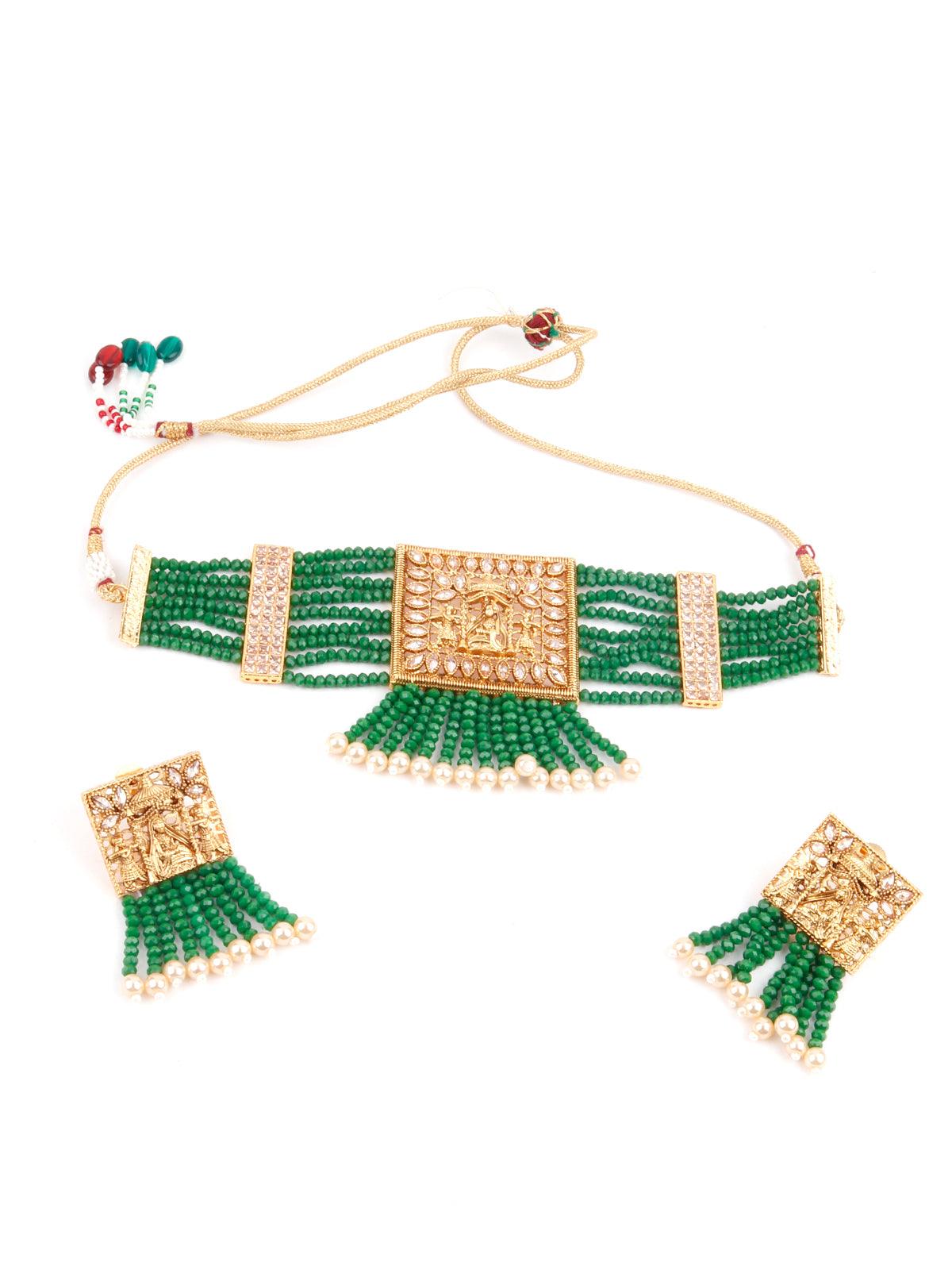 Green Beads Kundan Jewellery Set - Rajwada