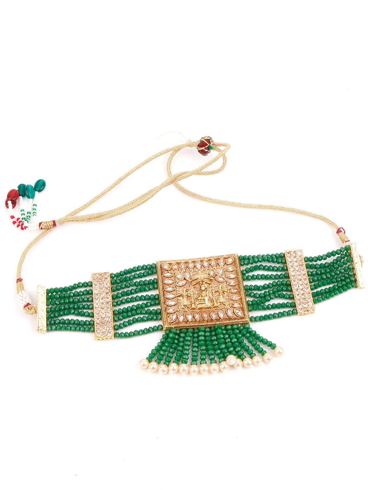 Green Beads Kundan Jewellery Set - Rajwada
