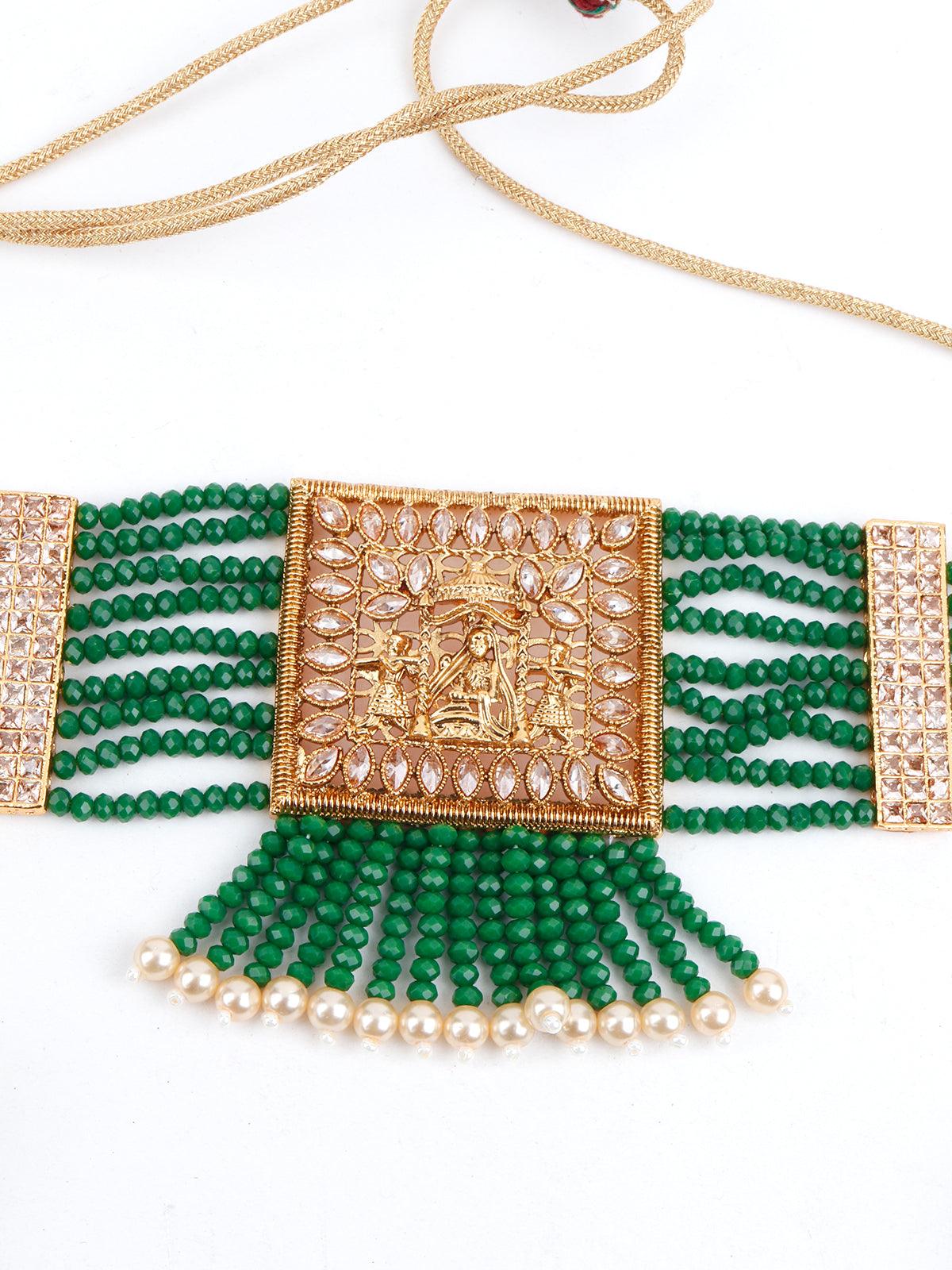 Green Beads Kundan Jewellery Set - Rajwada