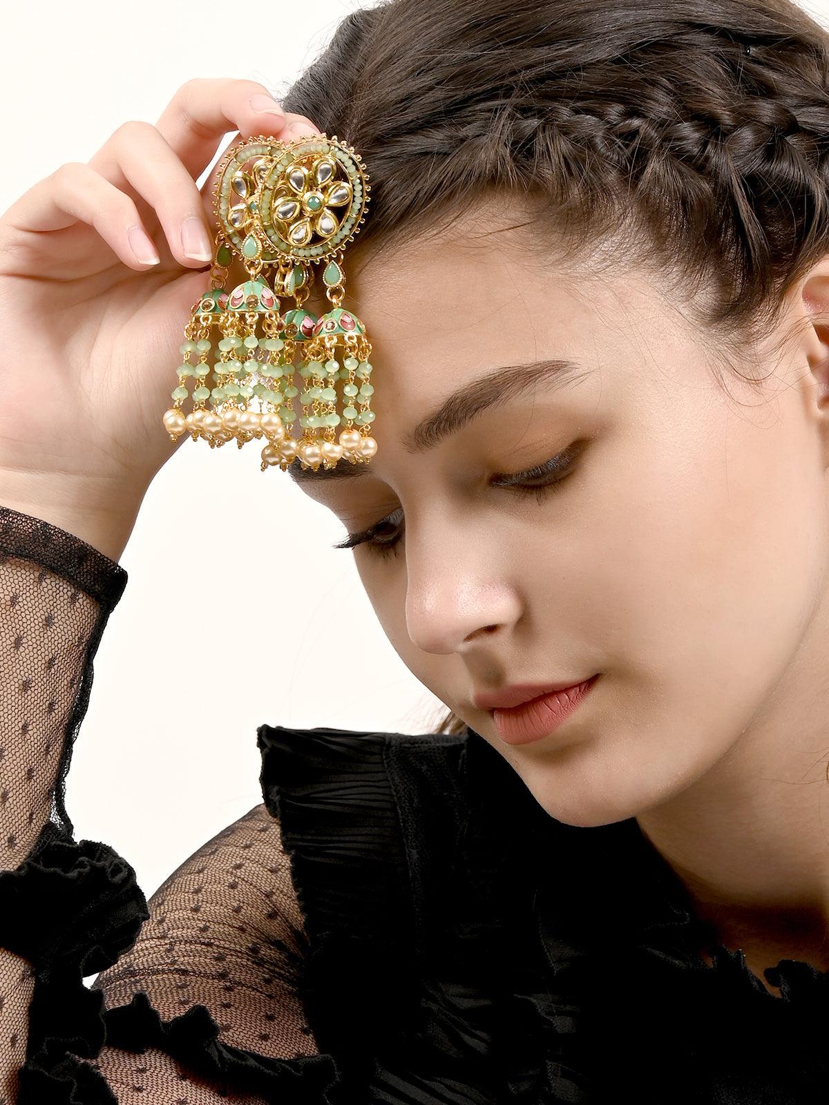 Green Chandbali Jhumkis with Kundan and Pearl Earrings - Rajwada