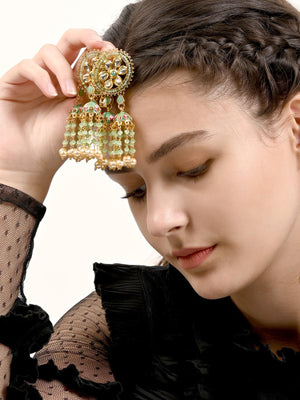 Green Chandbali Jhumkis with Kundan and Pearl Earrings - Rajwada