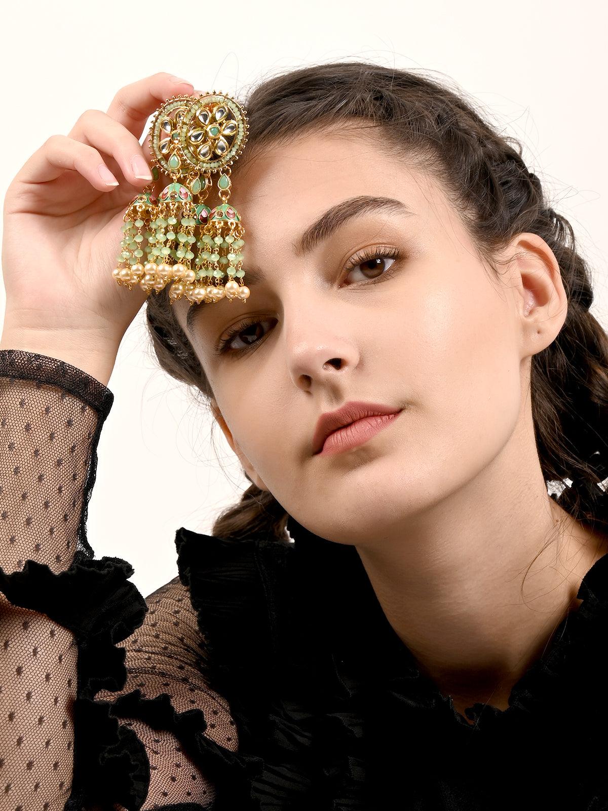 Green Chandbali Jhumkis with Kundan and Pearl Earrings - Rajwada