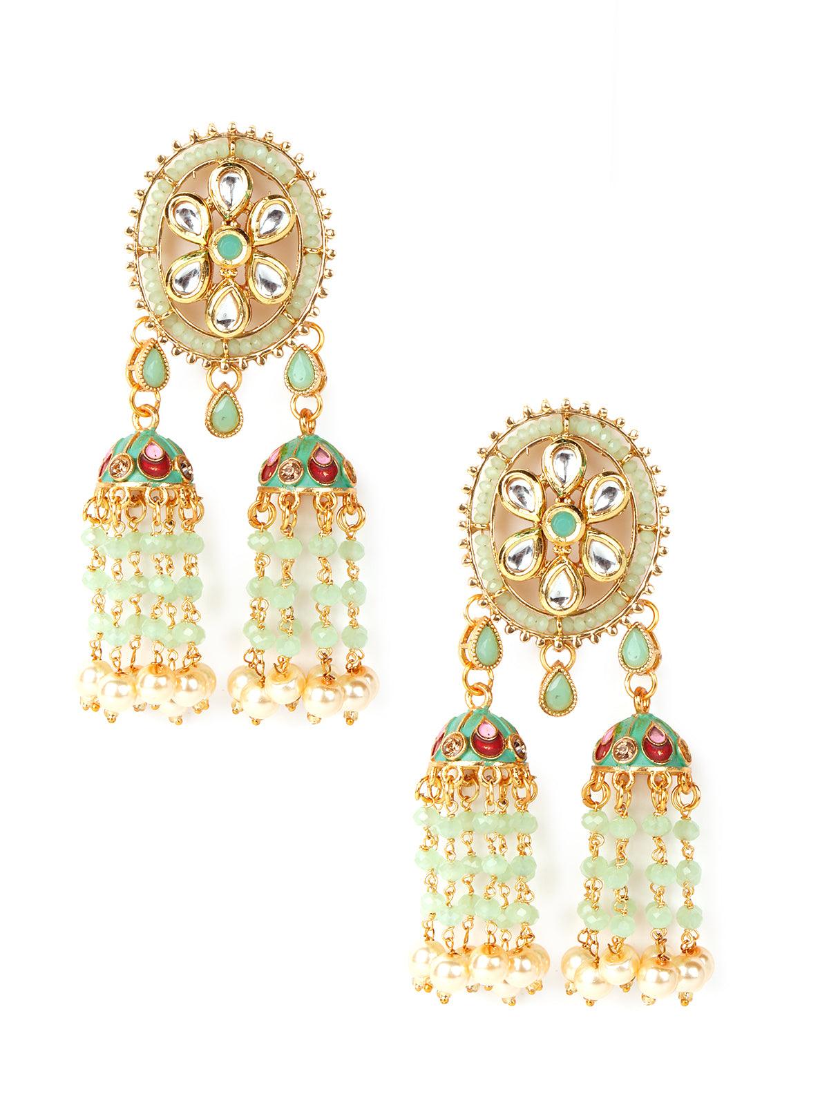 Green Chandbali Jhumkis with Kundan and Pearl Earrings - Rajwada