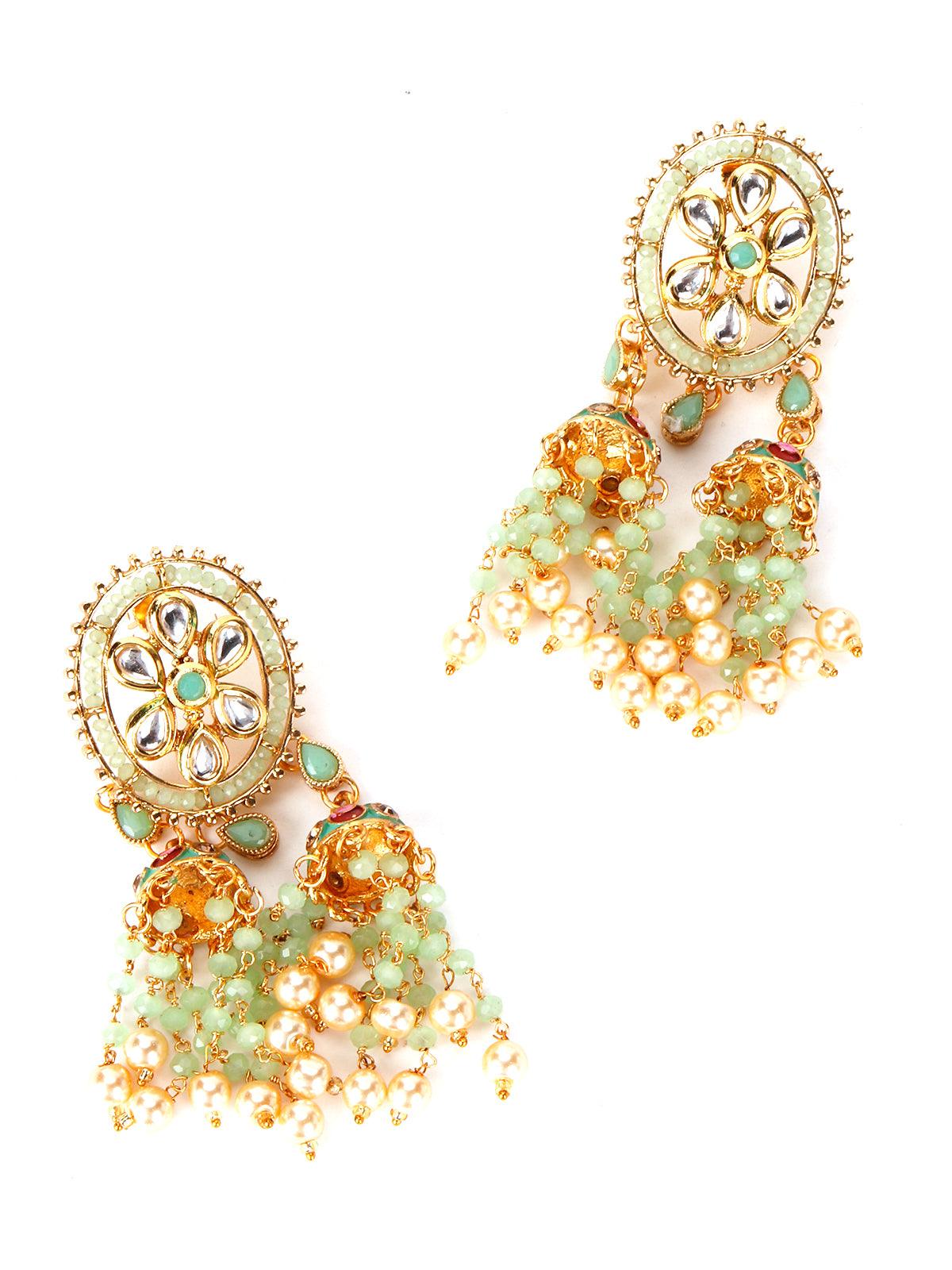 Green Chandbali Jhumkis with Kundan and Pearl Earrings - Rajwada