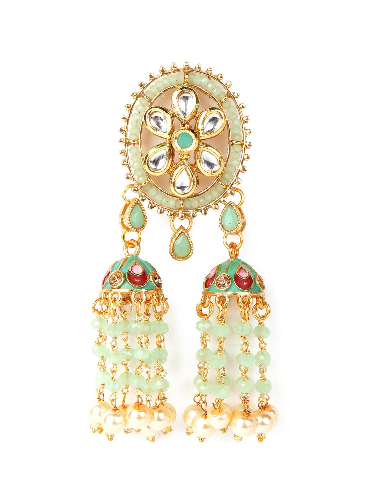 Green Chandbali Jhumkis with Kundan and Pearl Earrings - Rajwada