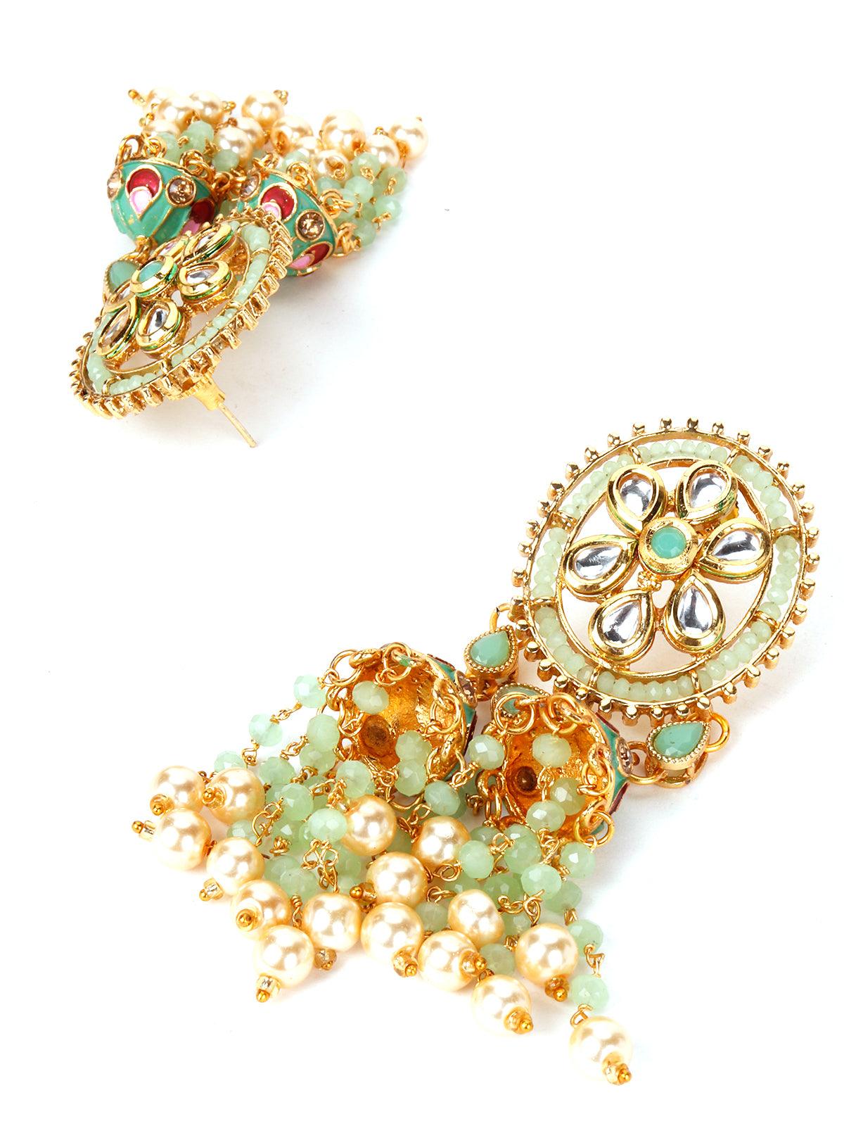 Green Chandbali Jhumkis with Kundan and Pearl Earrings - Rajwada