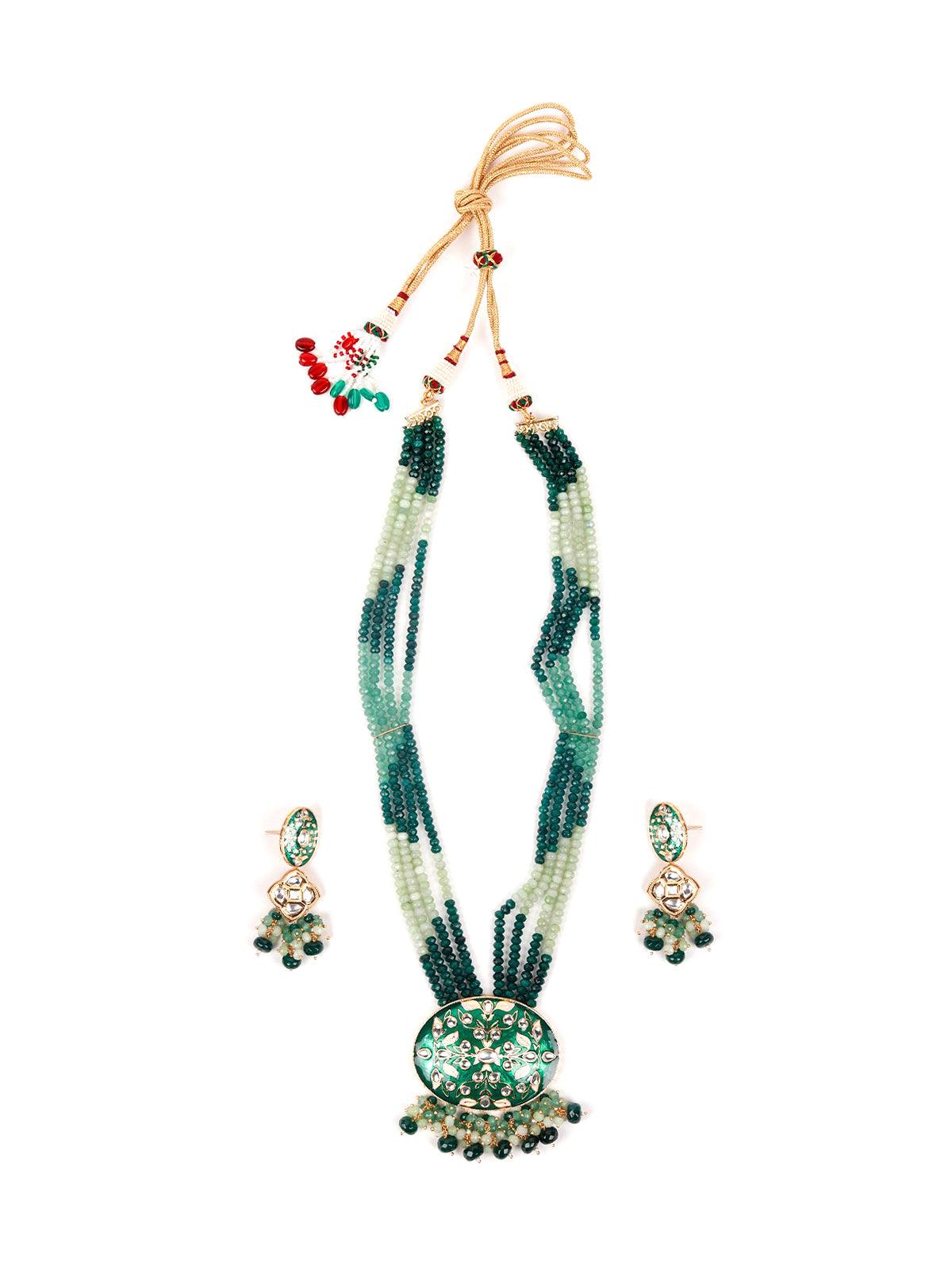 Green cluster pendant haar necklace set - Rajwada