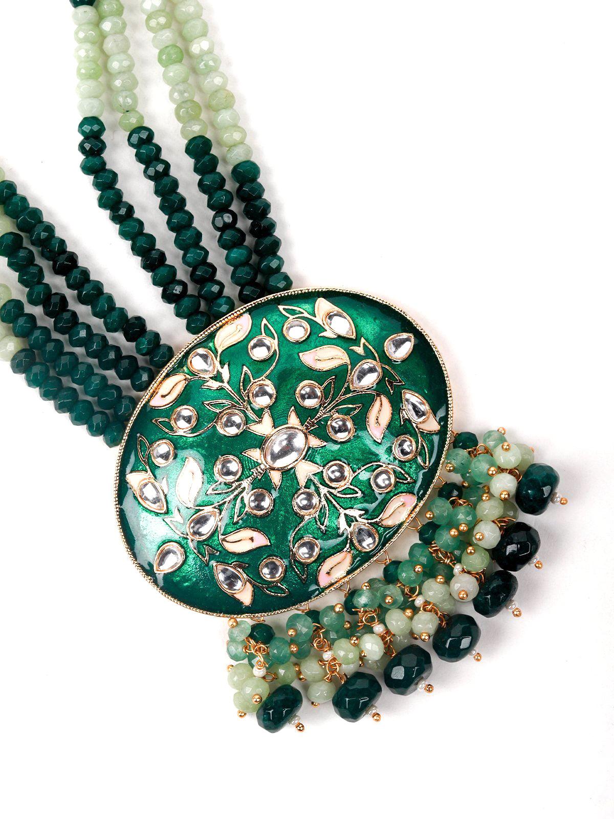 Green cluster pendant haar necklace set - Rajwada