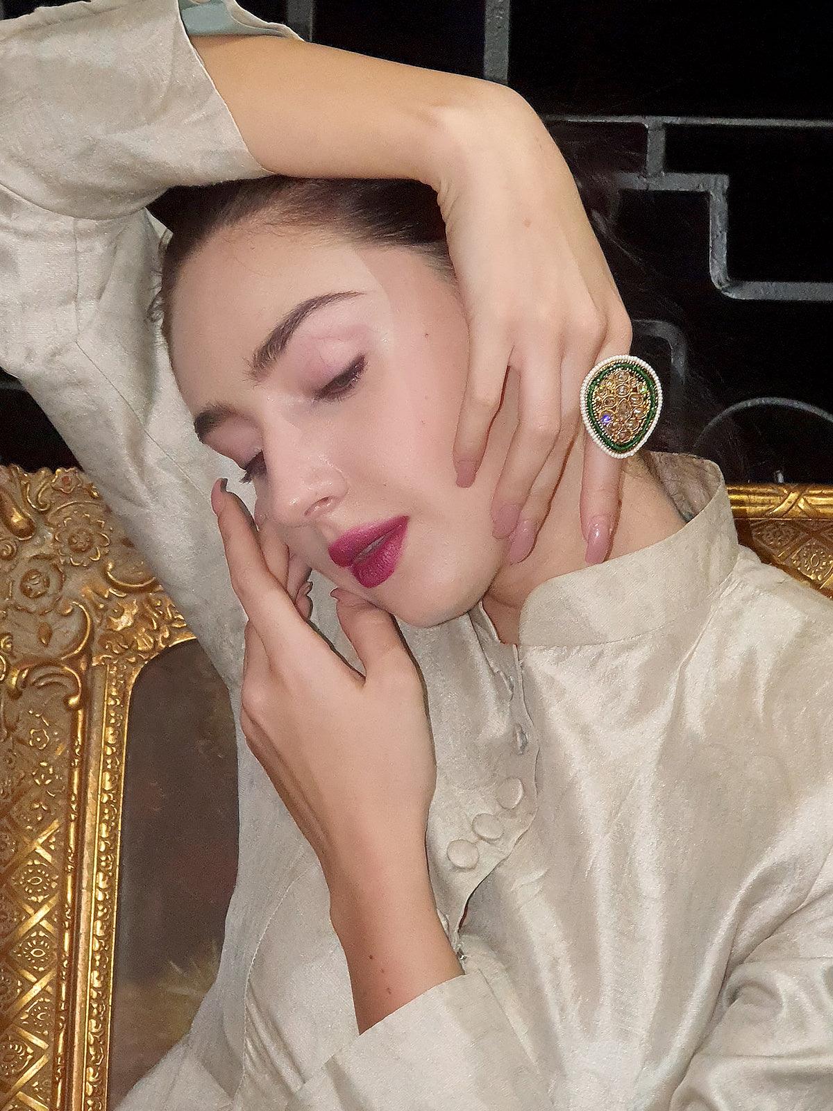 Green Drop Shape Finger Ring - Rajwada