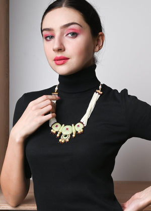 Green Golden Kundan Necklace Set - Rajwada