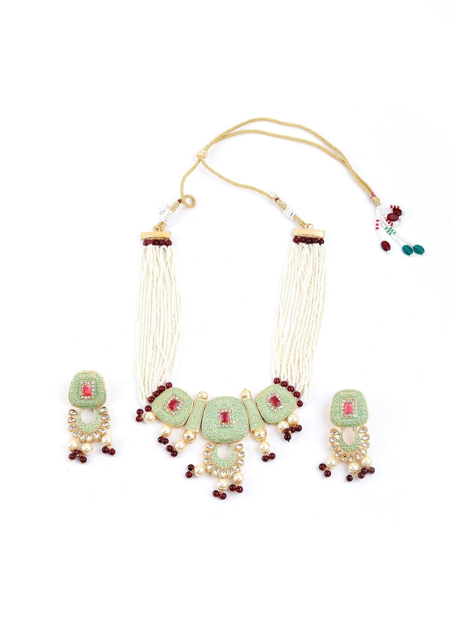 Green Golden Kundan Necklace Set - Rajwada