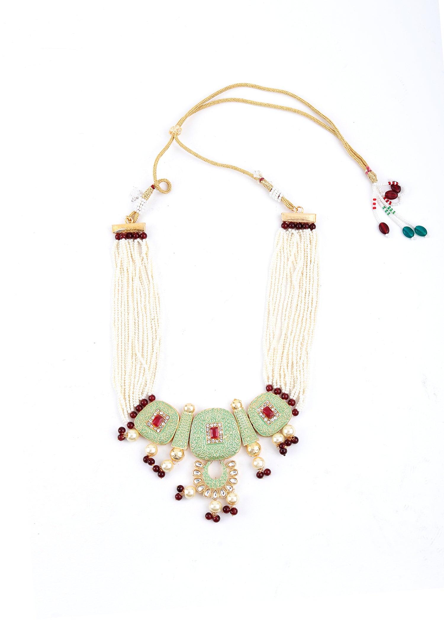 Green Golden Kundan Necklace Set - Rajwada