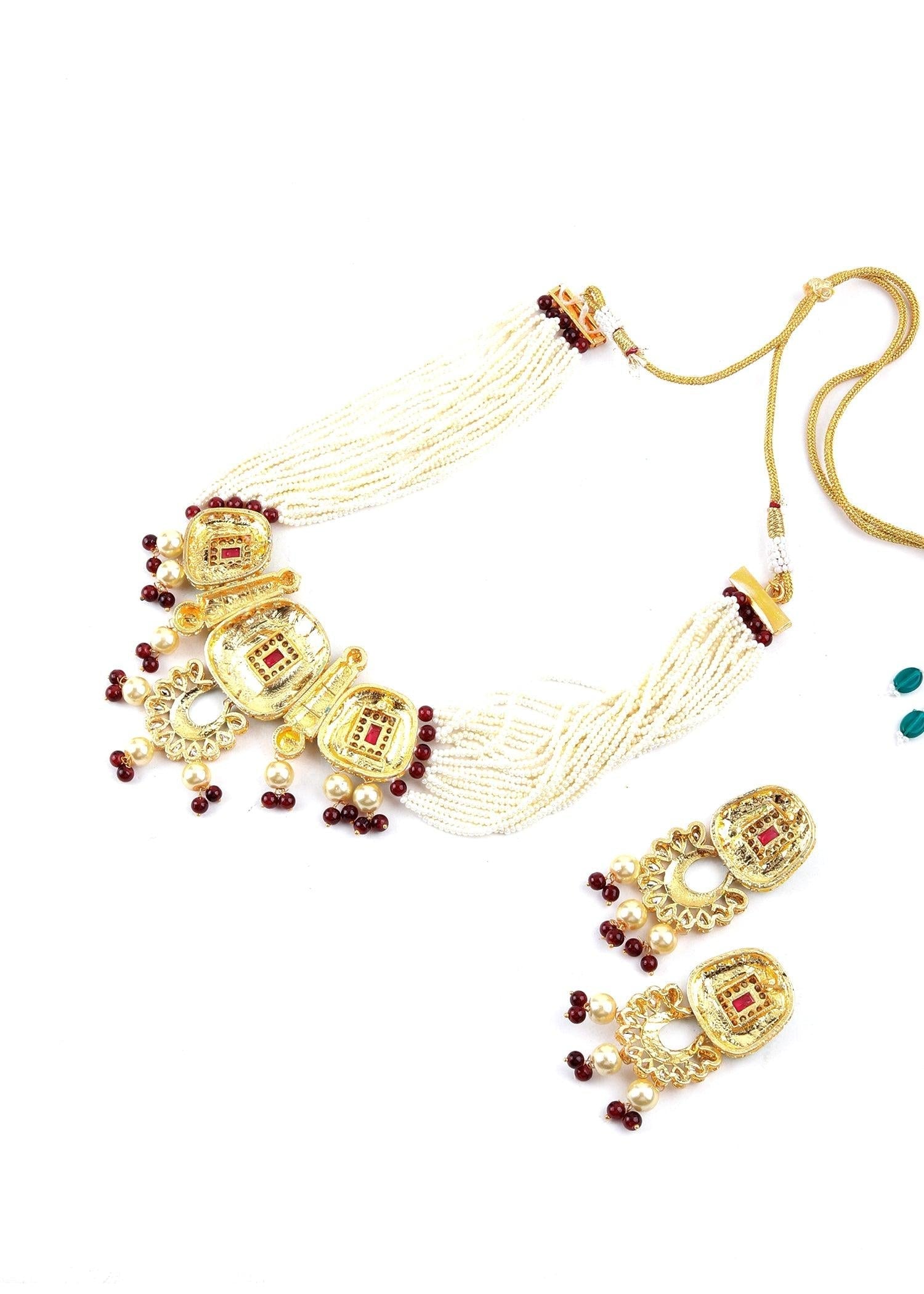 Green Golden Kundan Necklace Set - Rajwada