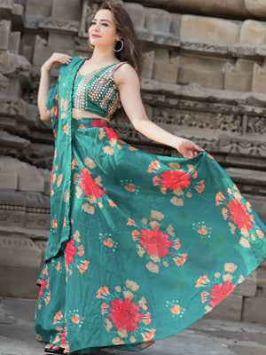Green Printed Stunning Lehenga Choli Set - Rajwada