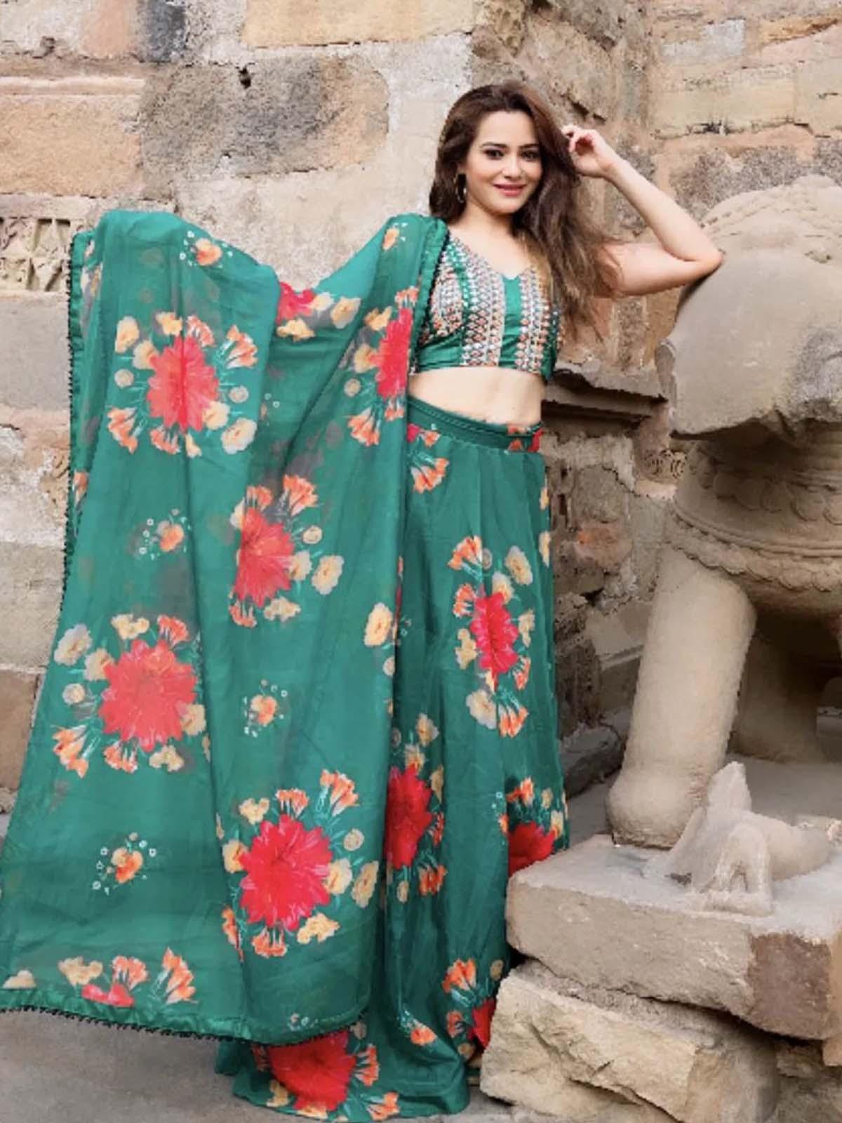 Green Printed Stunning Lehenga Choli Set - Rajwada