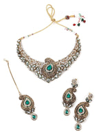 Green Stone With Kundan Necklace Set - Rajwada