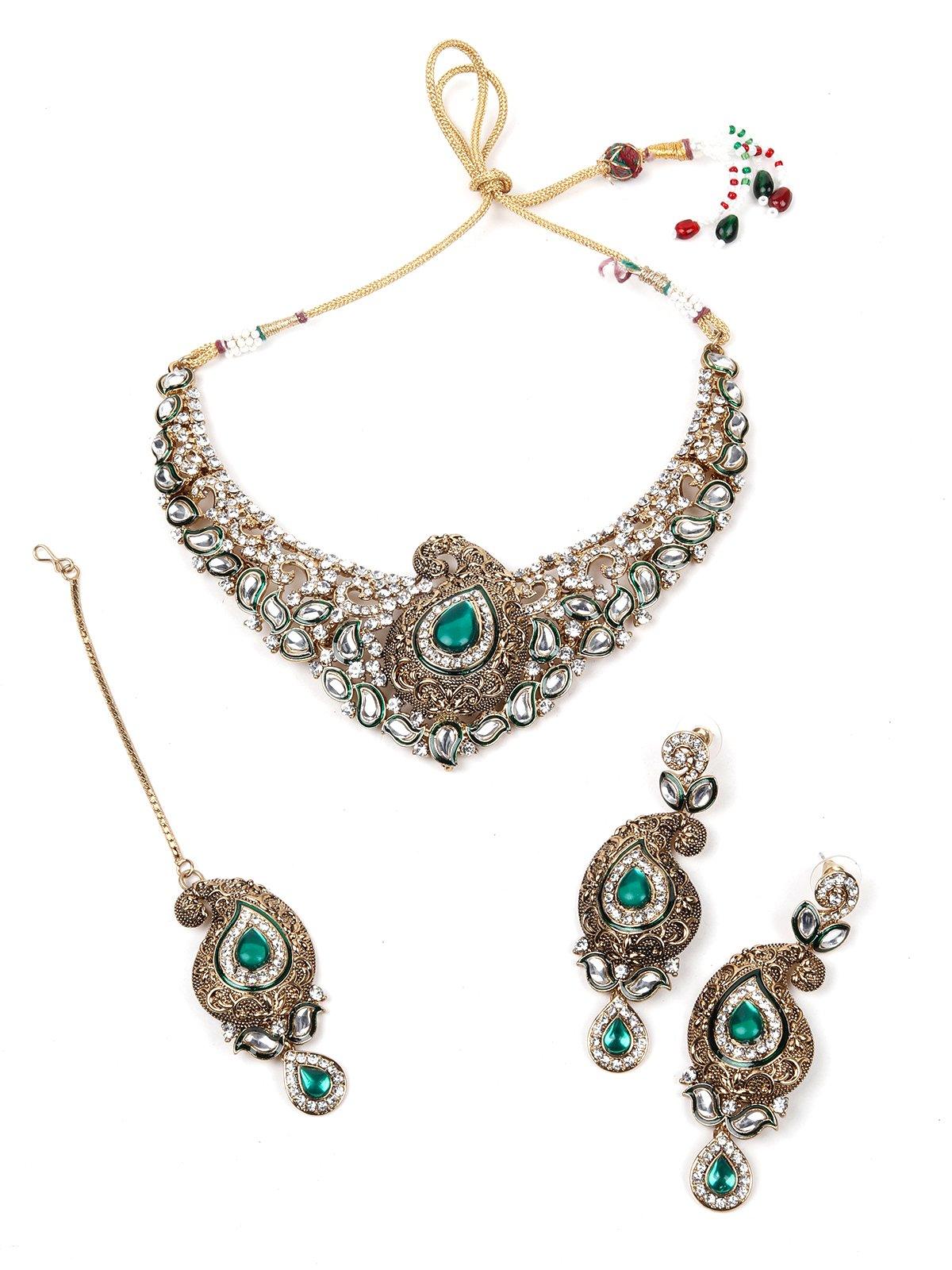 Green Stone With Kundan Necklace Set - Rajwada