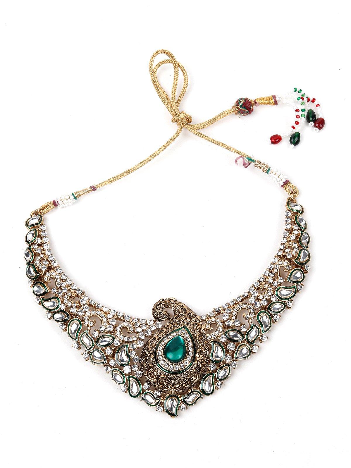 Green Stone With Kundan Necklace Set - Rajwada