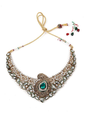 Green Stone With Kundan Necklace Set - Rajwada