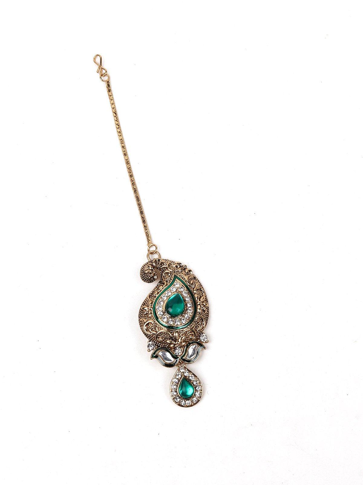 Green Stone With Kundan Necklace Set - Rajwada