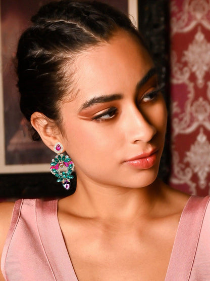 Green&pink crystal statement earrings - Rajwada