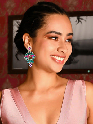 Green&pink crystal statement earrings - Rajwada