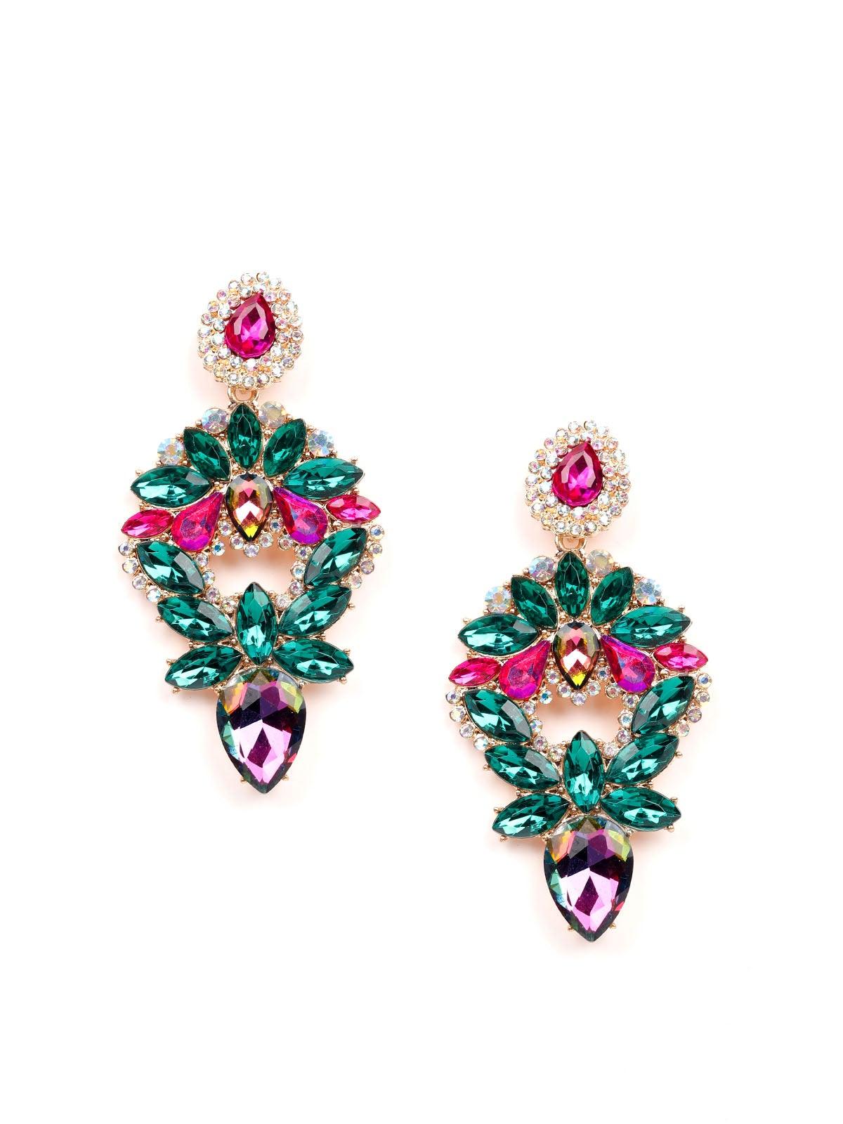 Green&pink crystal statement earrings - Rajwada