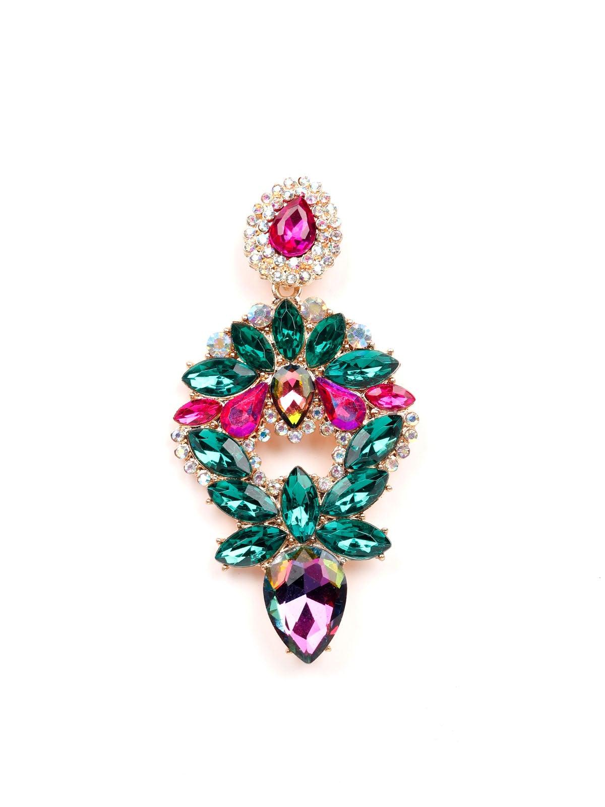 Green&pink crystal statement earrings - Rajwada