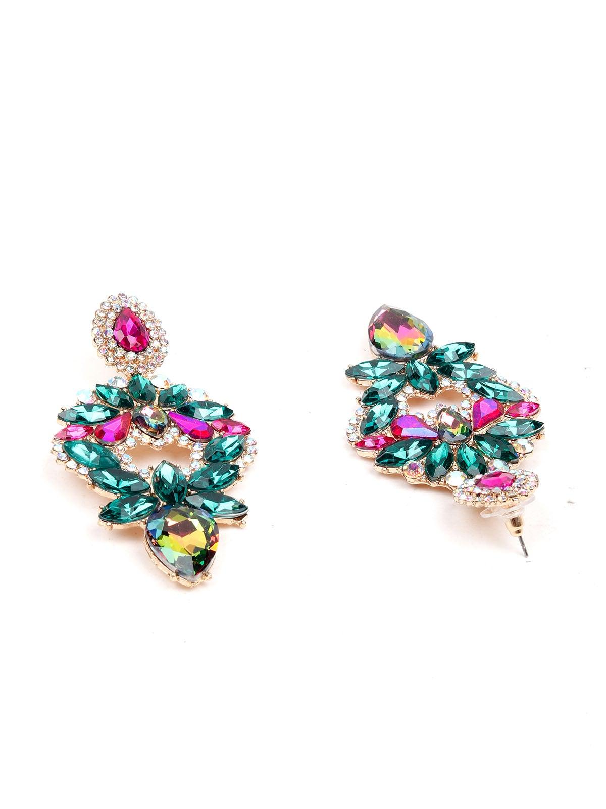 Green&pink crystal statement earrings - Rajwada