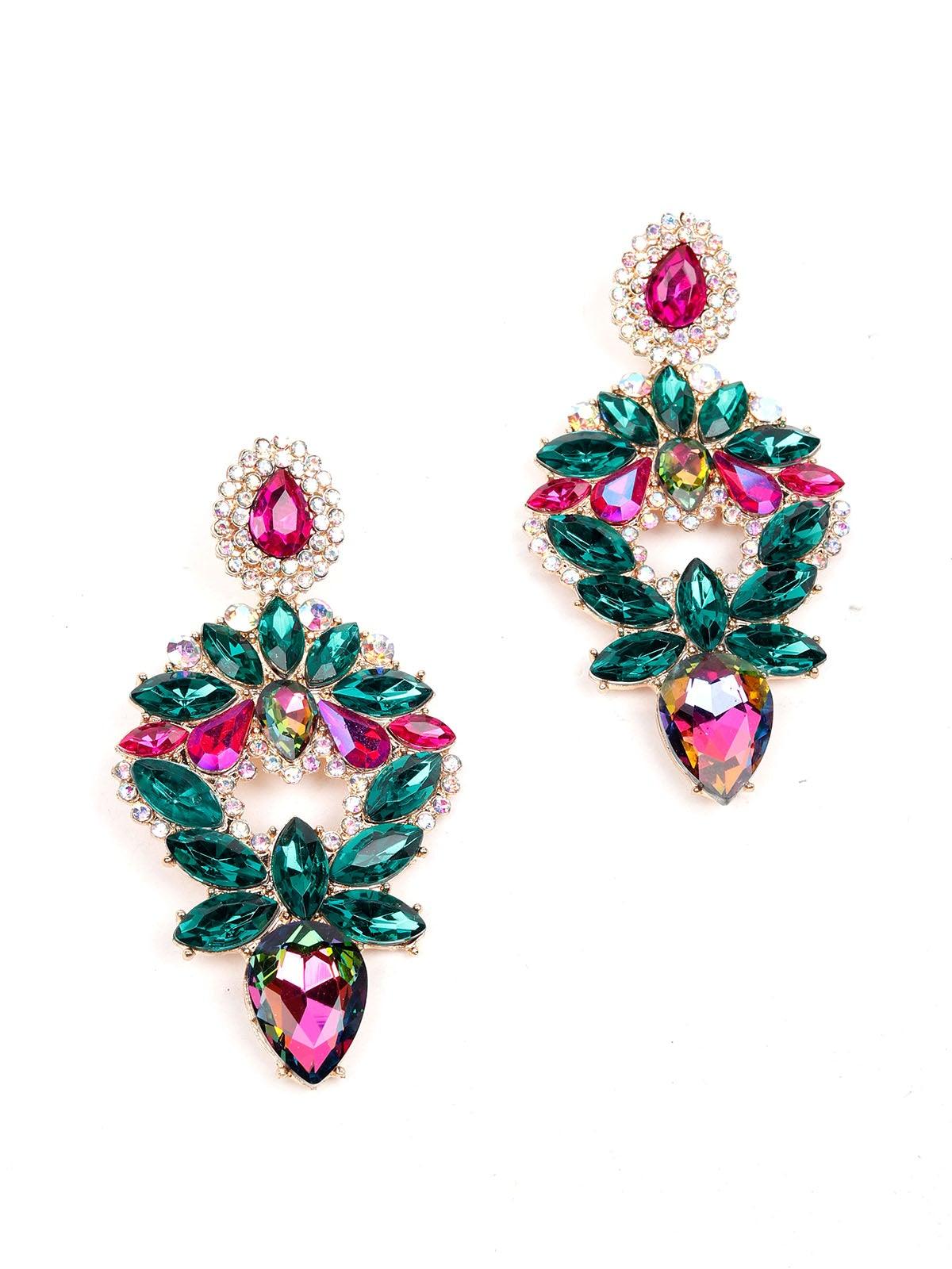 Green&pink crystal statement earrings - Rajwada