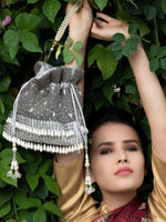 Grey Heavily Embroidered Tassel Potli Bag - Rajwada
