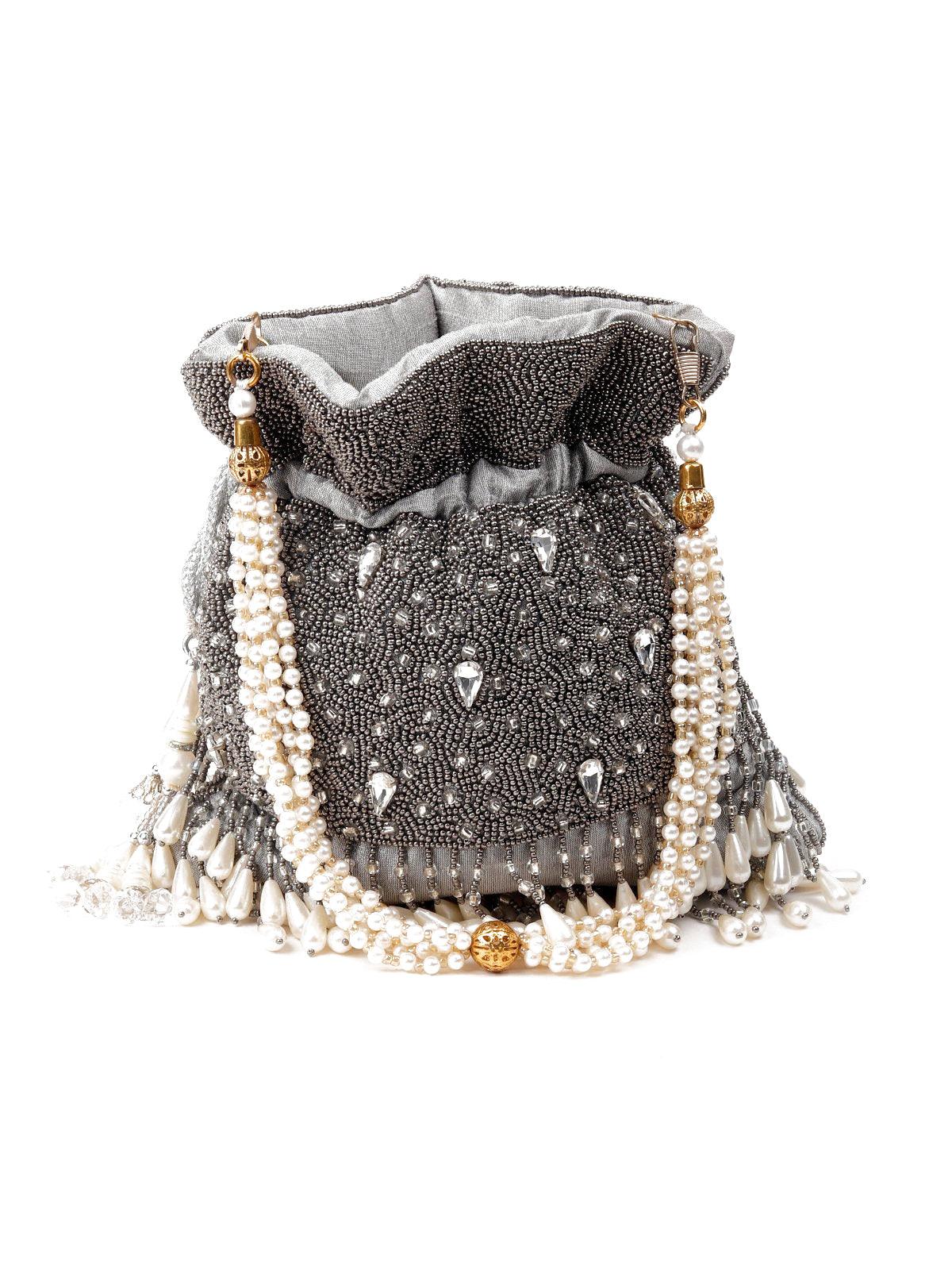 Grey Heavily Embroidered Tassel Potli Bag - Rajwada
