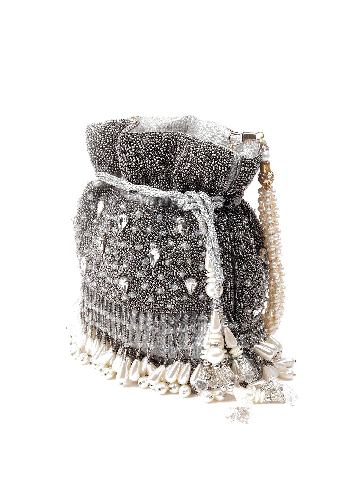 Grey Heavily Embroidered Tassel Potli Bag - Rajwada