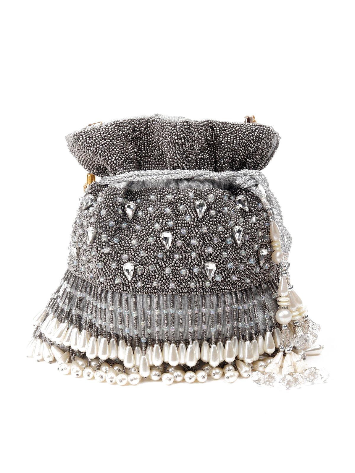 Grey Heavily Embroidered Tassel Potli Bag - Rajwada