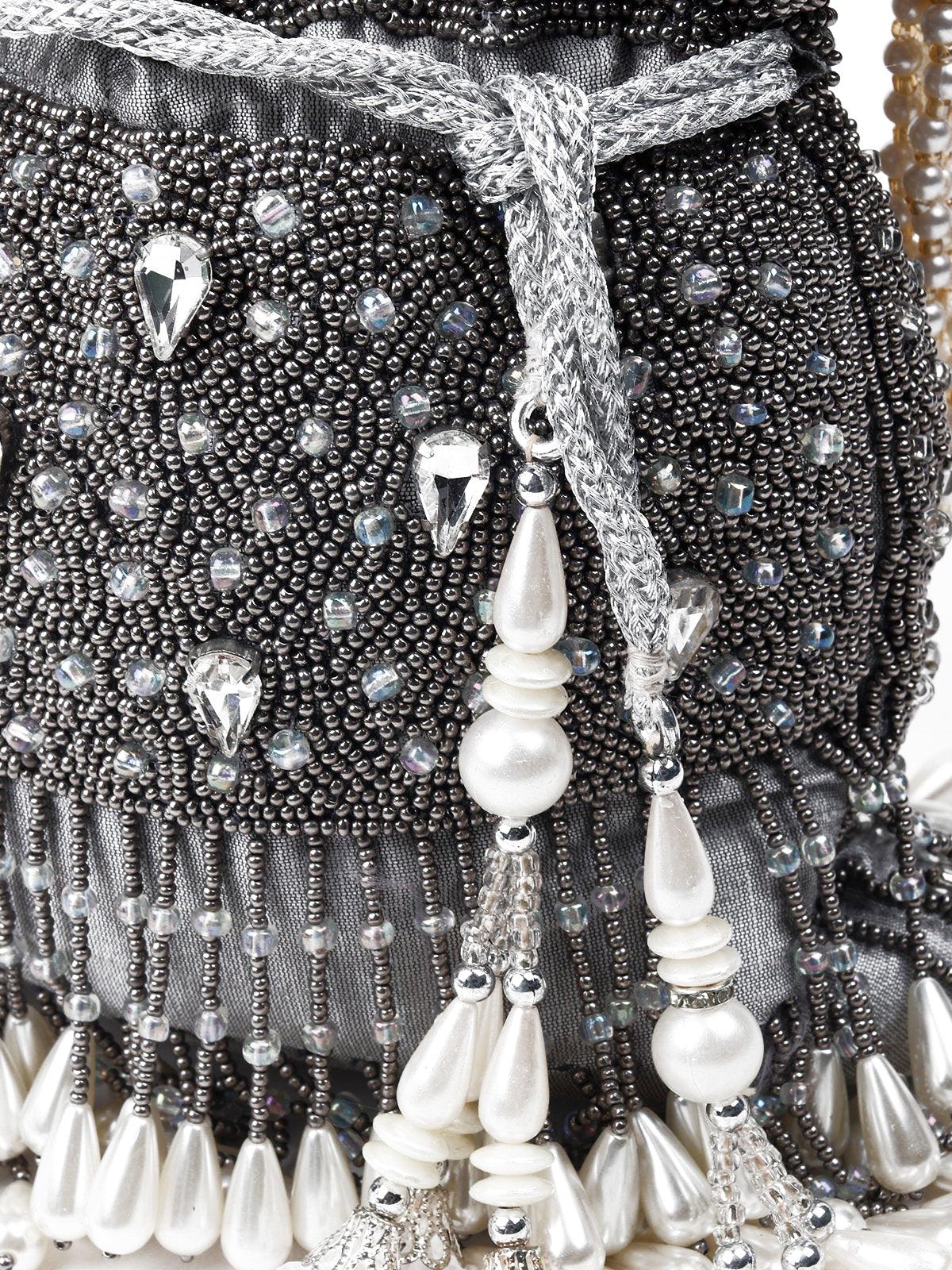 Grey Heavily Embroidered Tassel Potli Bag - Rajwada