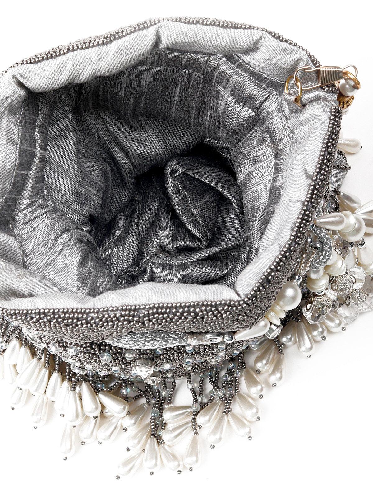 Grey Heavily Embroidered Tassel Potli Bag - Rajwada