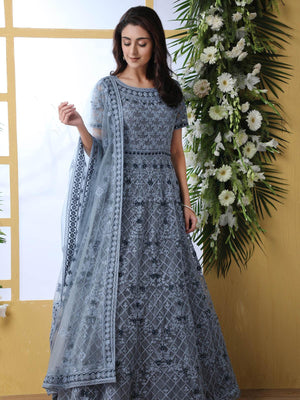 Grey Net Anarkali - Rajwada