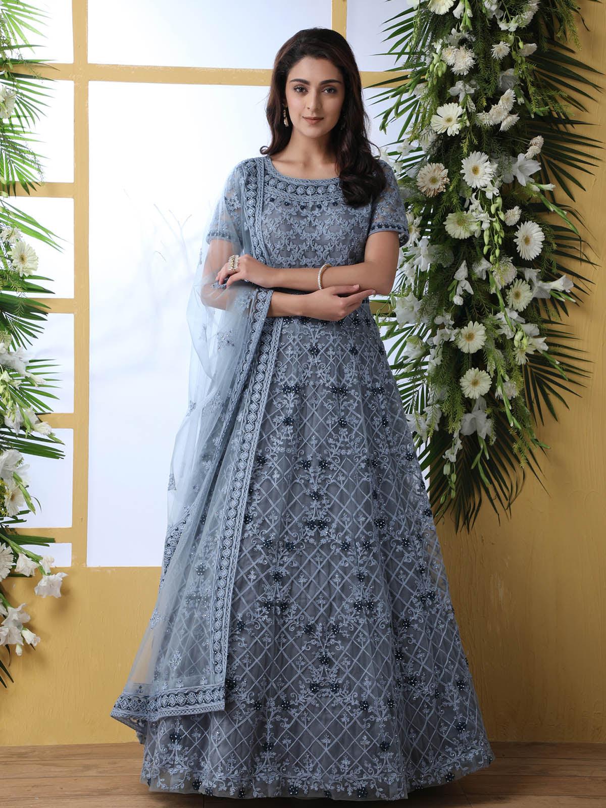 Grey Net Anarkali - Rajwada