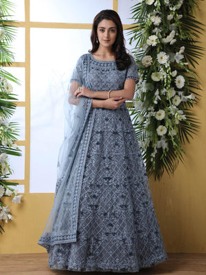 Grey Net Anarkali - Rajwada