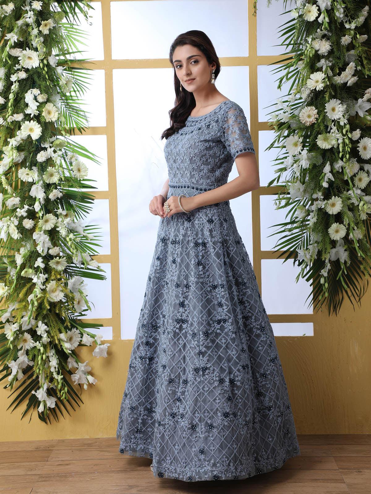 Grey Net Anarkali - Rajwada