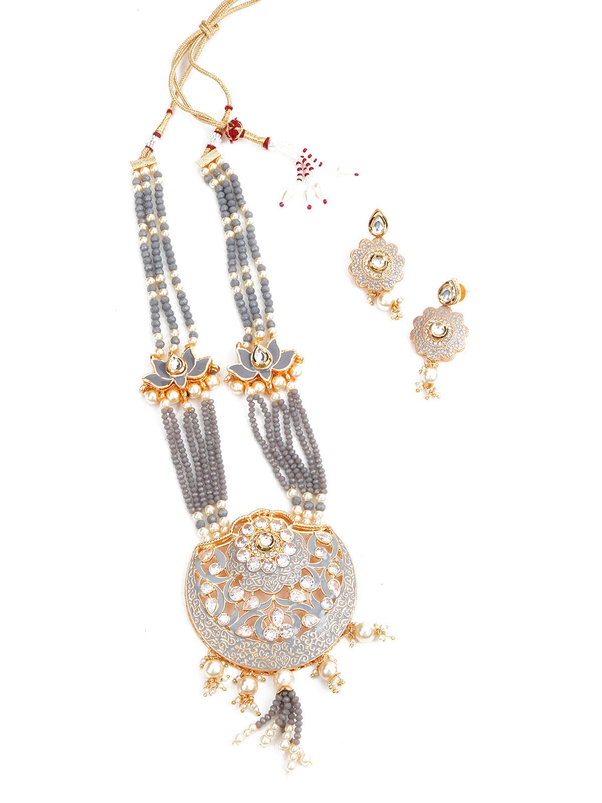 Grey Onyx Gold Tone Grey Tinted Necklace Set - Rajwada