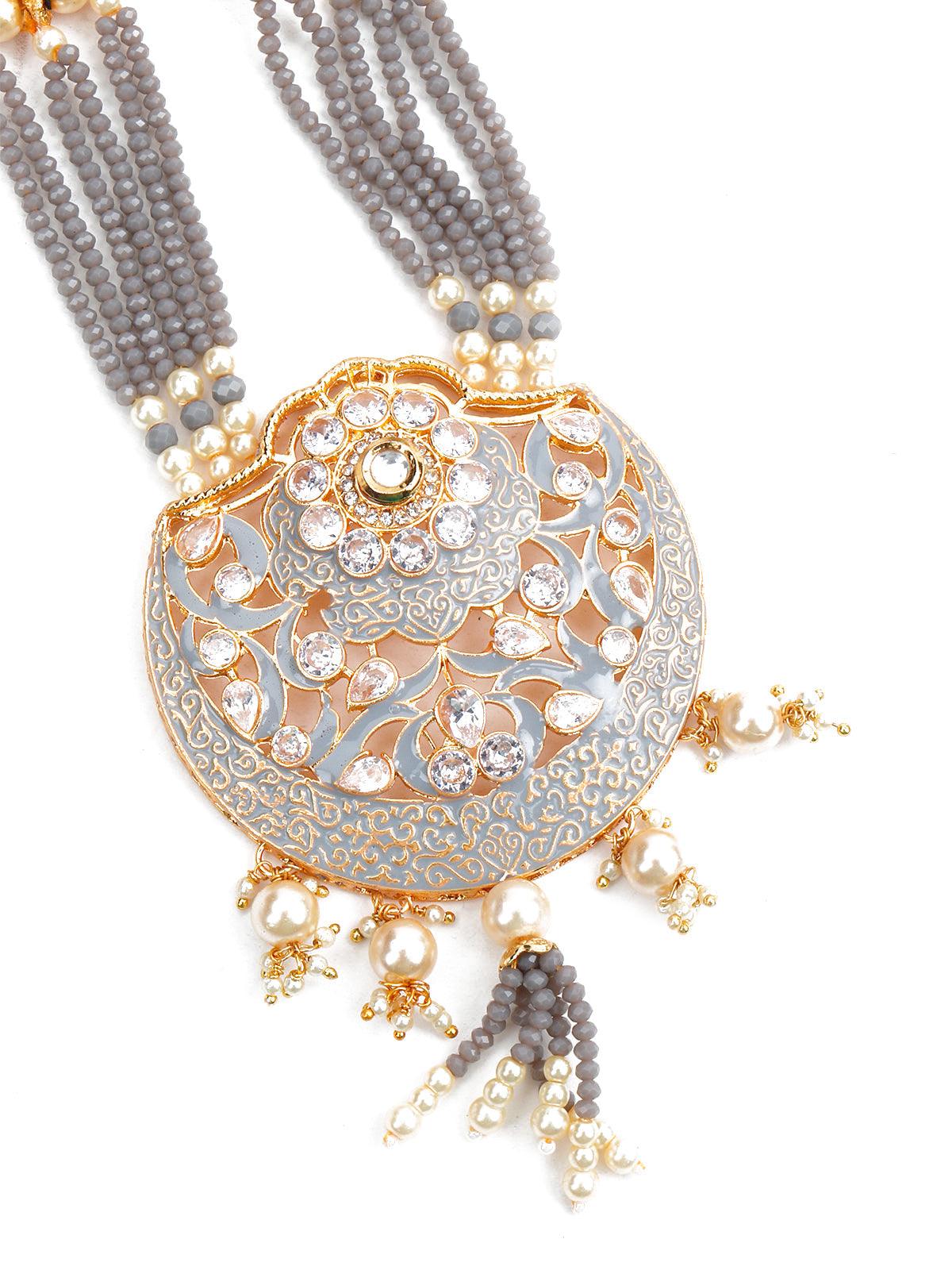 Grey Onyx Gold Tone Grey Tinted Necklace Set - Rajwada