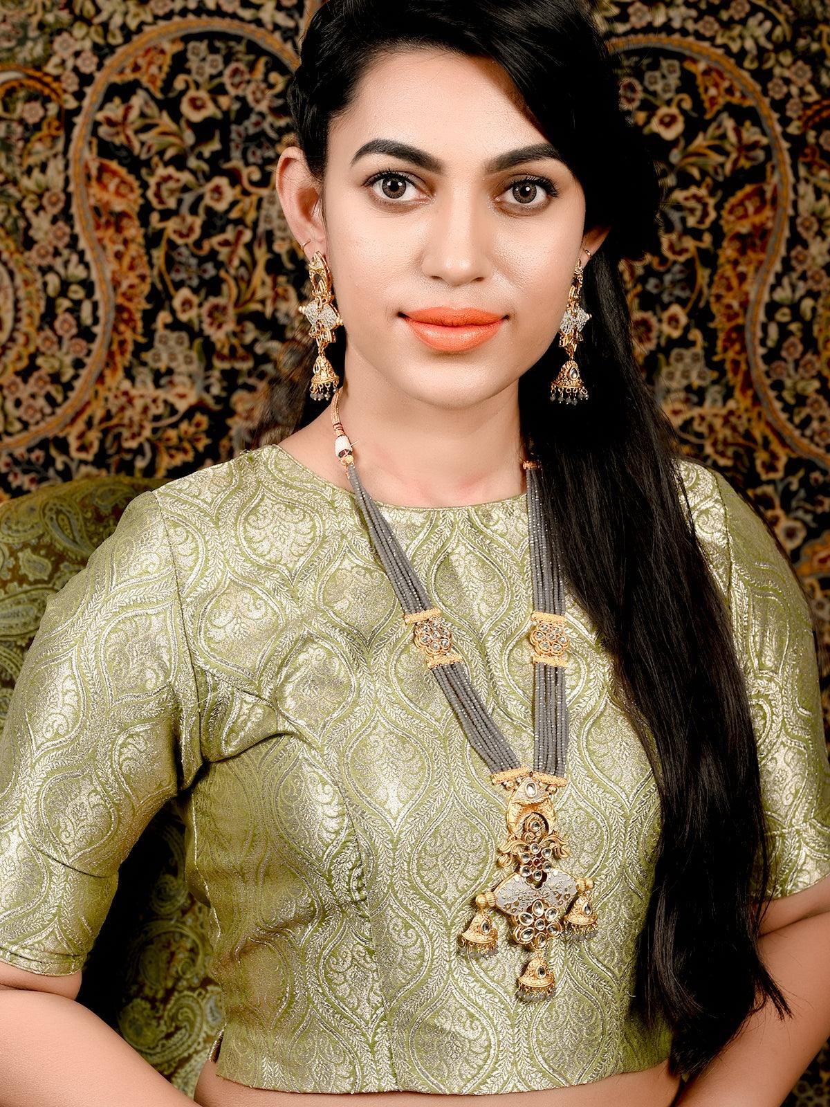 Grey Onyx-Kundan-Enamelled Necklace Set! - Rajwada