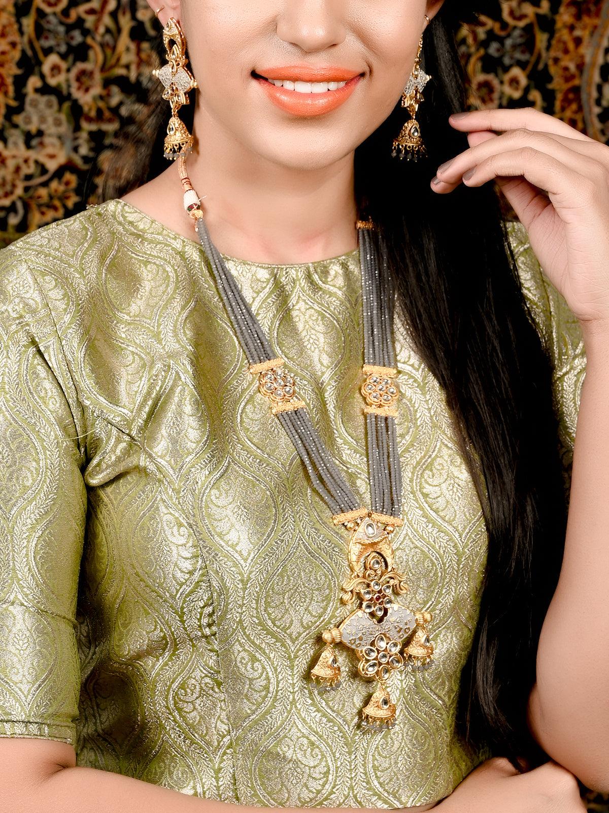 Grey Onyx-Kundan-Enamelled Necklace Set! - Rajwada