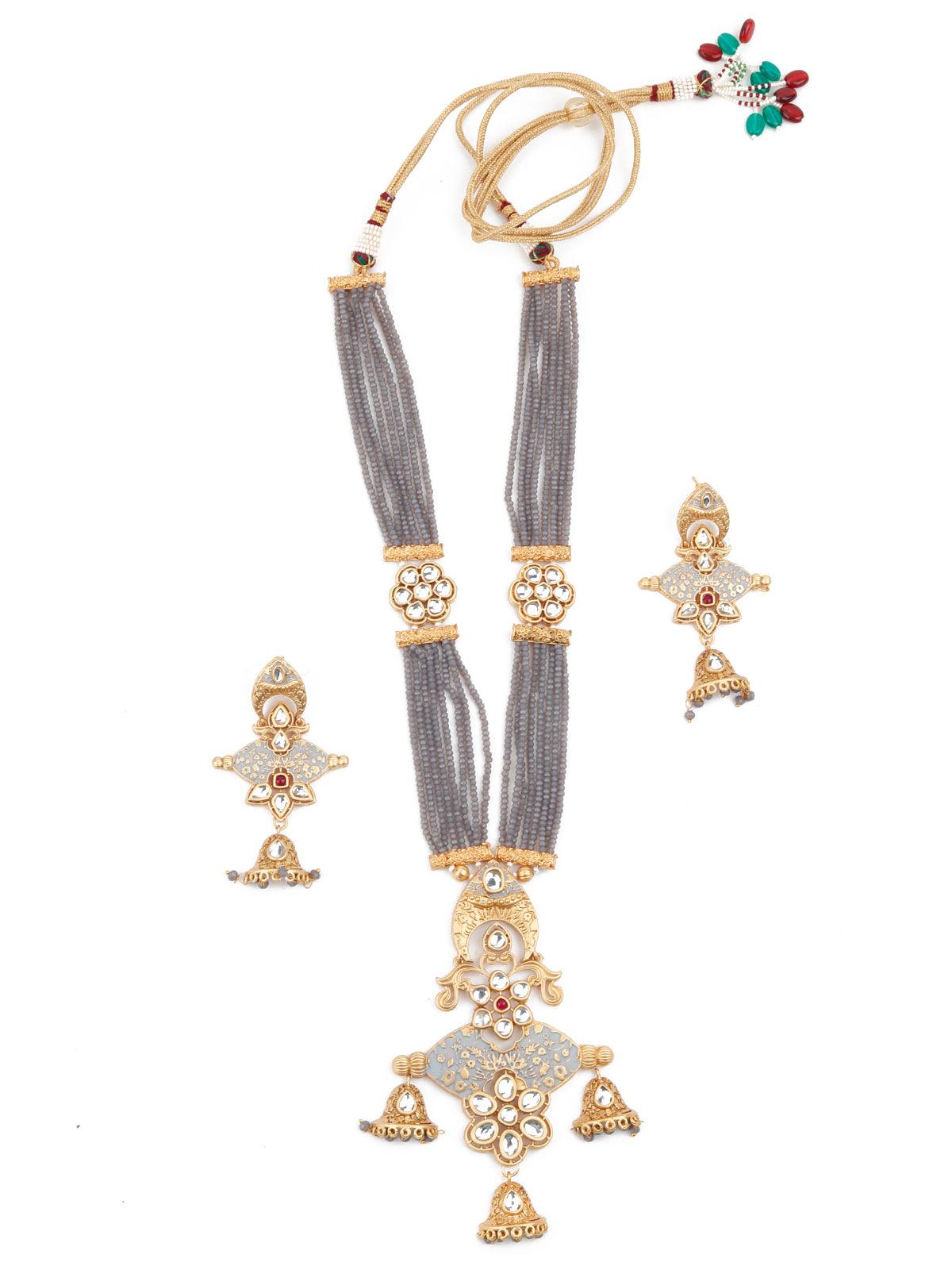 Grey Onyx-Kundan-Enamelled Necklace Set! - Rajwada