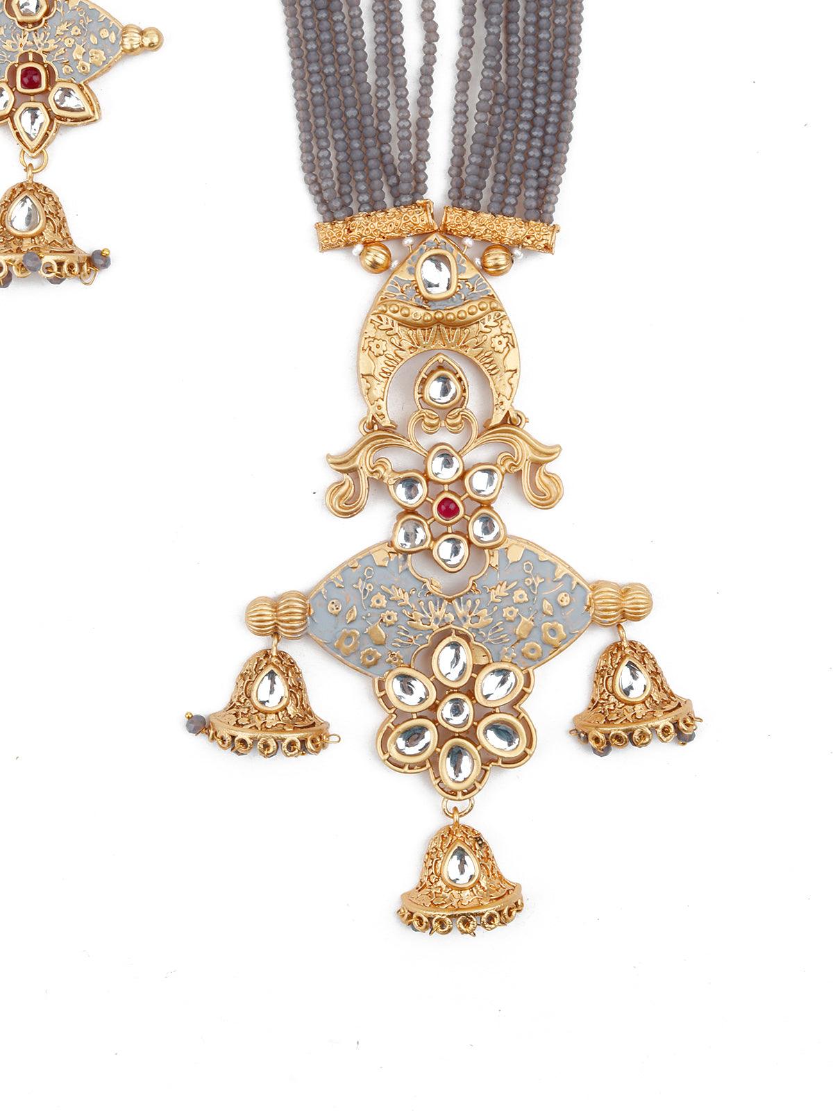 Grey Onyx-Kundan-Enamelled Necklace Set! - Rajwada