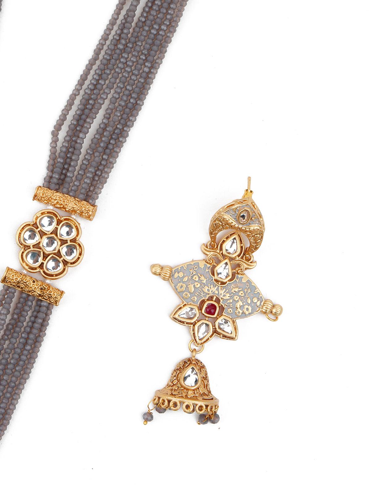 Grey Onyx-Kundan-Enamelled Necklace Set! - Rajwada