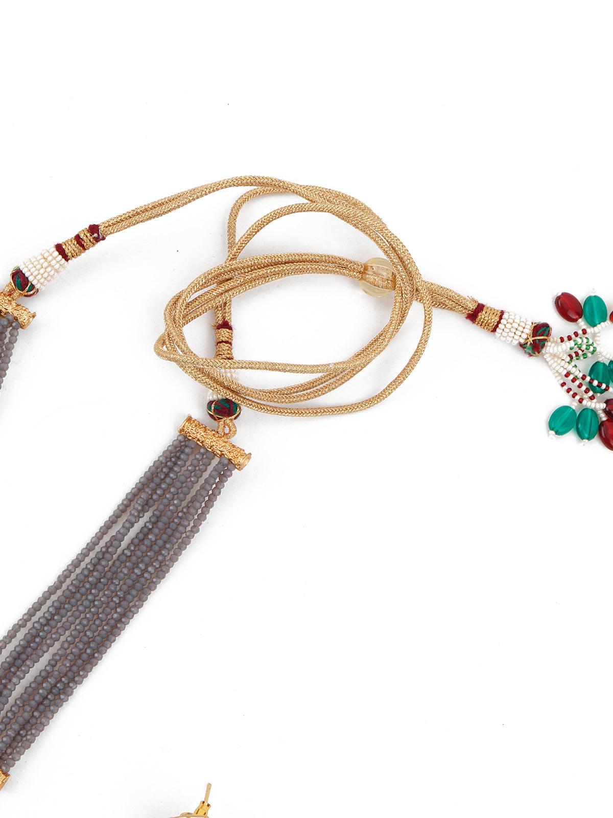 Grey Onyx-Kundan-Enamelled Necklace Set! - Rajwada