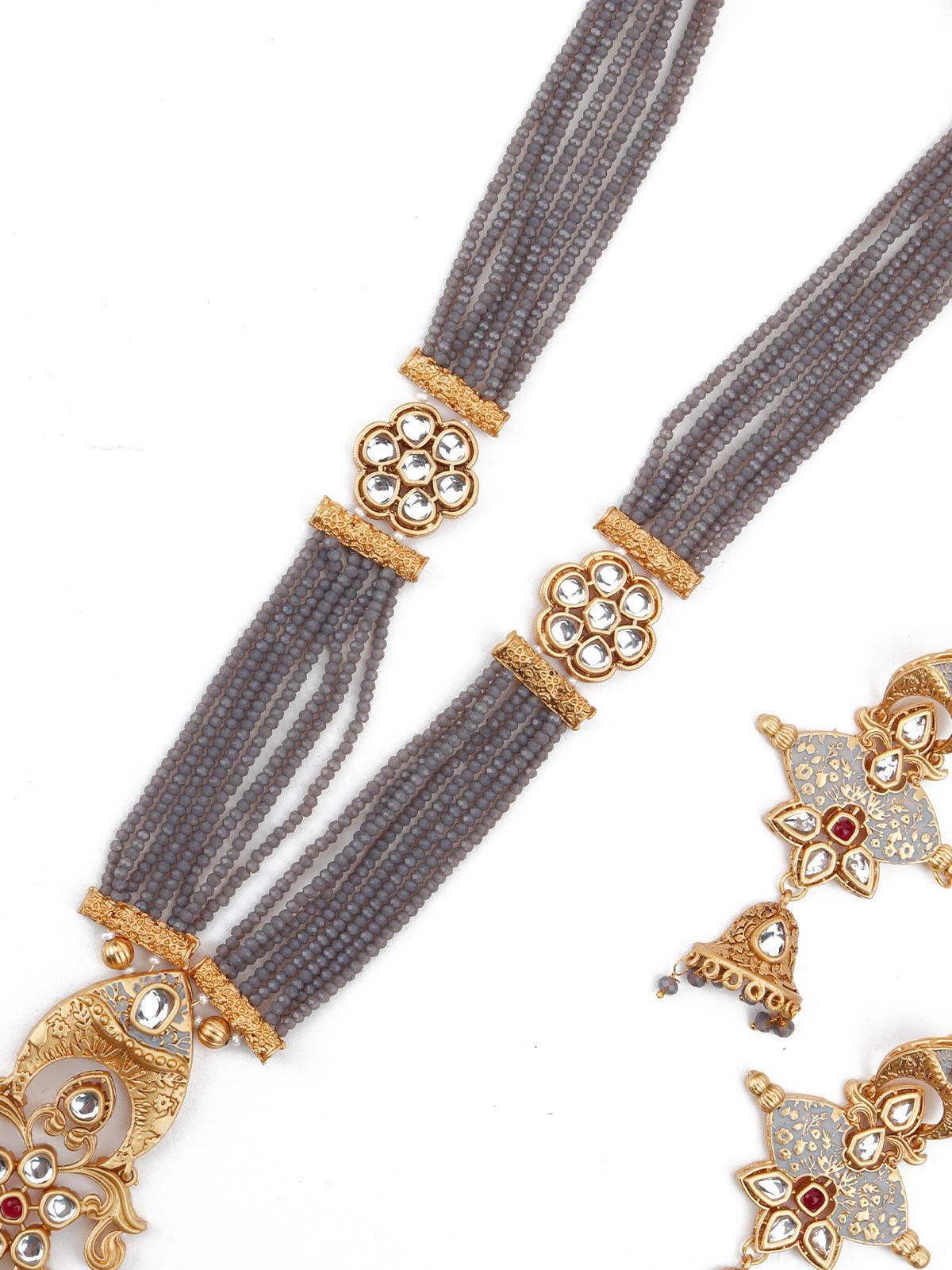 Grey Onyx-Kundan-Enamelled Necklace Set! - Rajwada