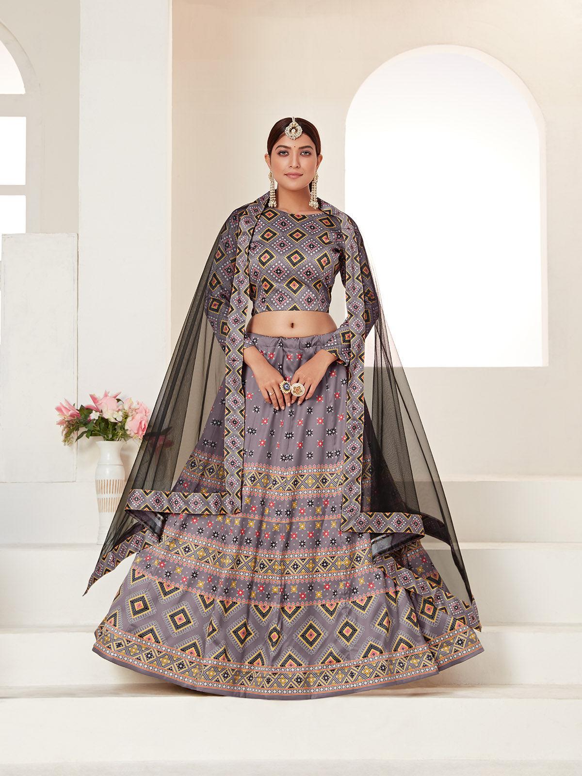 GREY PRINTED LEHENGA CHOLI SET - Rajwada
